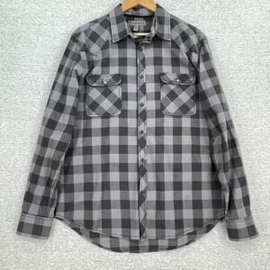Decree Shirt Mens Large Black Grey Plaid Button Up Roll Tab Sleeve Pockets